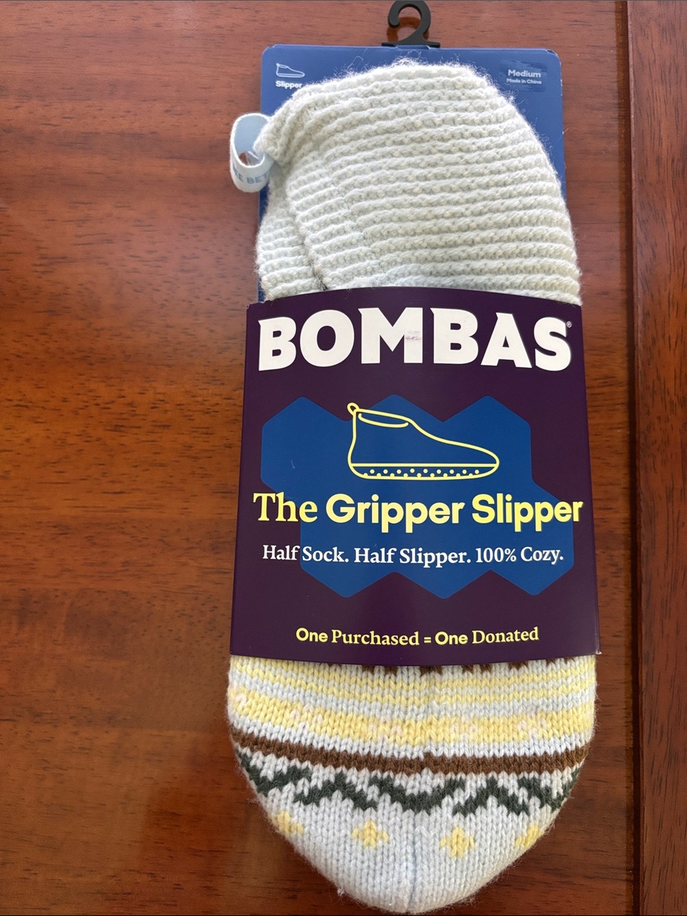 Bombas Retro Fair Isle Gripper Slippers Blue Size Medium NEW